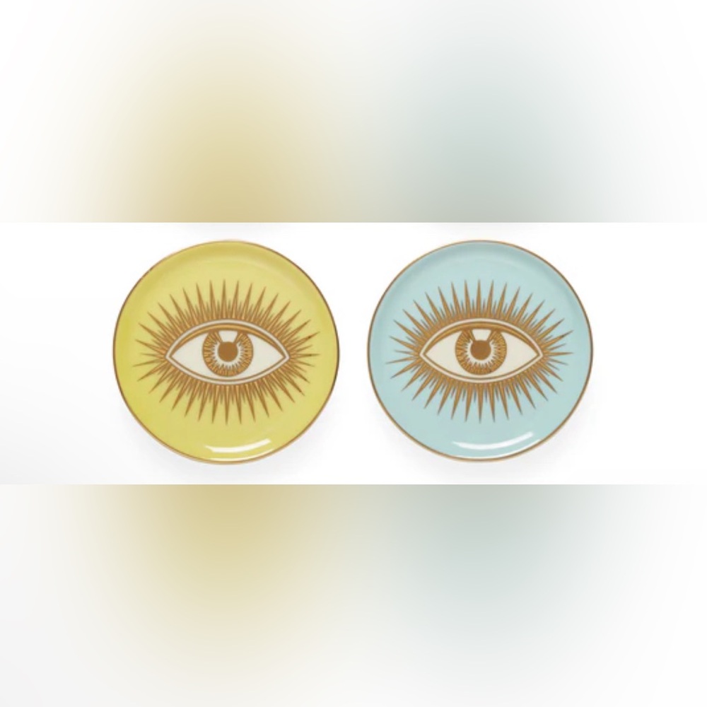 Jonathan Adler Le Wink Coasters Yellow Blue Porcelain Evil Eye Gold Plates - 2